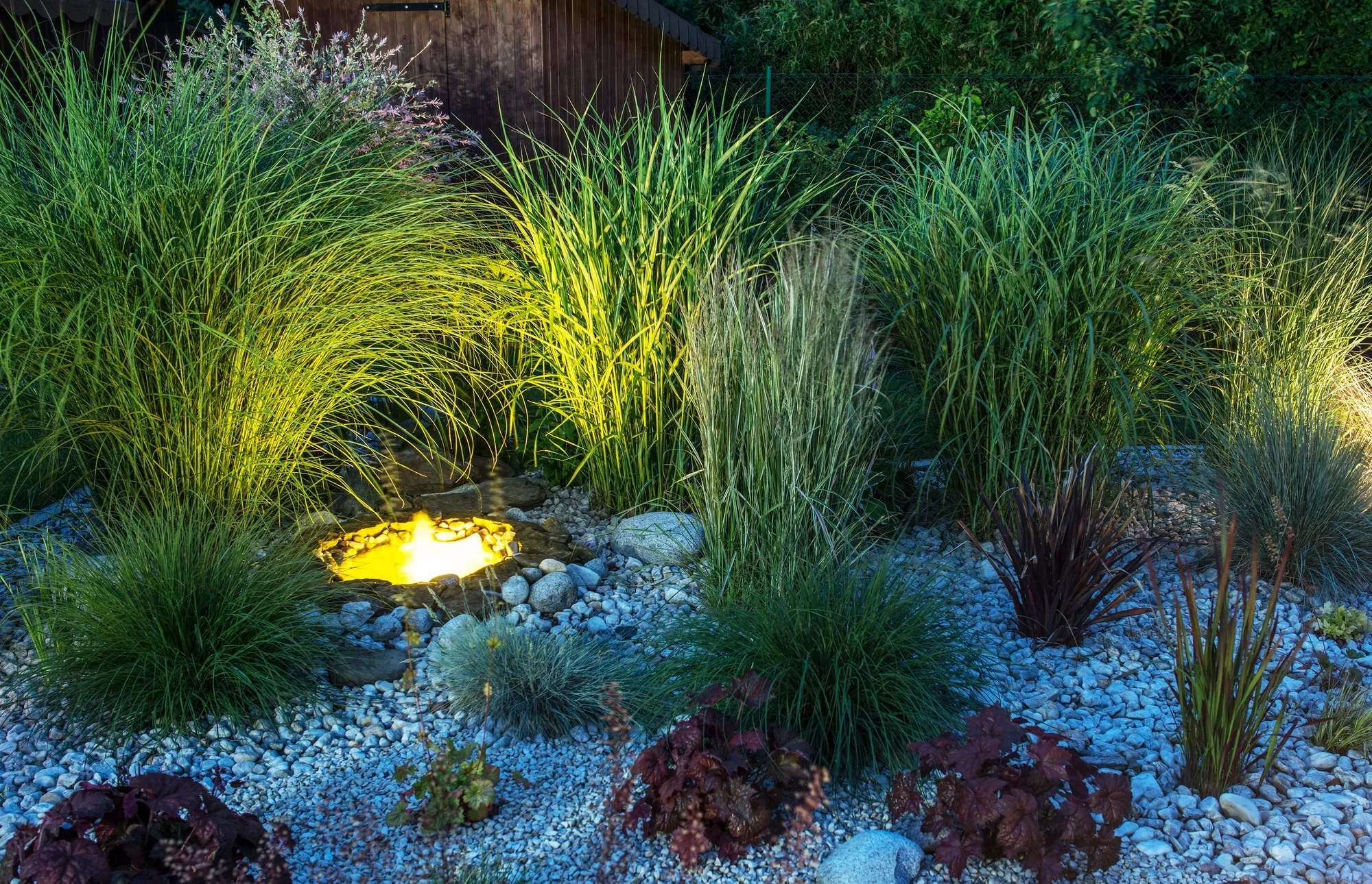 Landscaped garden bed with feature lighting in the evening