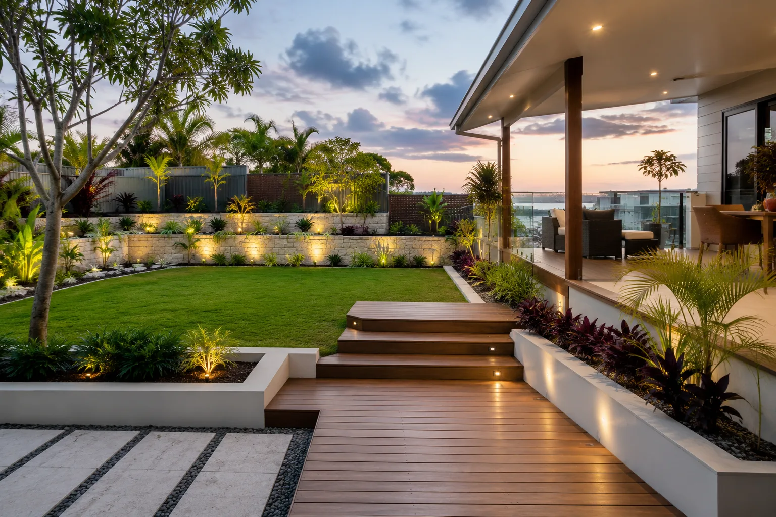 Landscaped garden with lawn, plantings and pathway