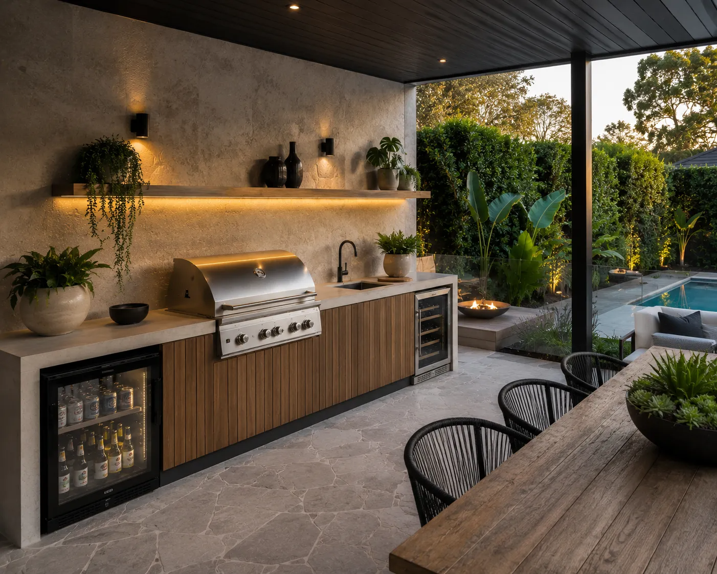 Outdoor kitchen and dining area with built-in barbecue