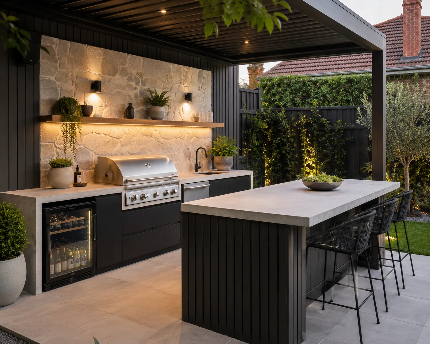 Outdoor kitchen benchtop with built-in barbecue